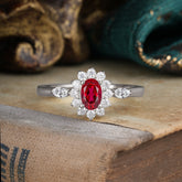4 Prong Vintage Halo Cluster Oval Cut Ruby Engagement Ring